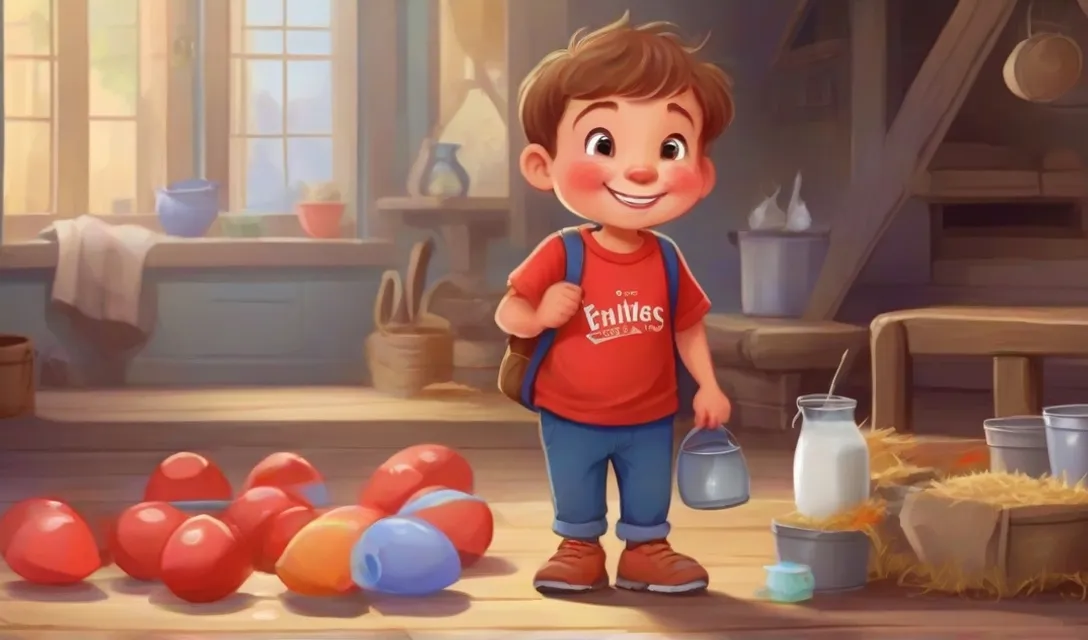 a young boy holding a bucket of eggs