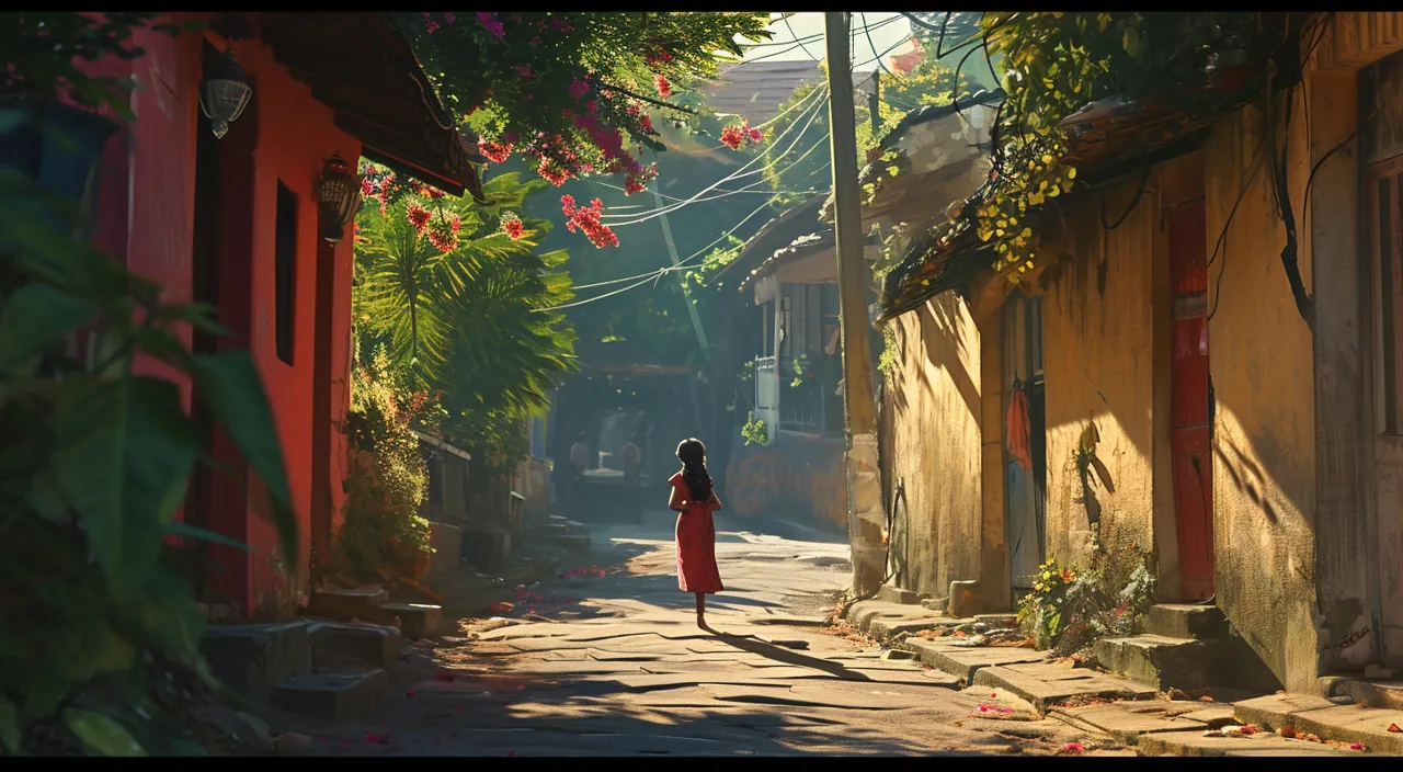 a girl in a red dress walking down a street