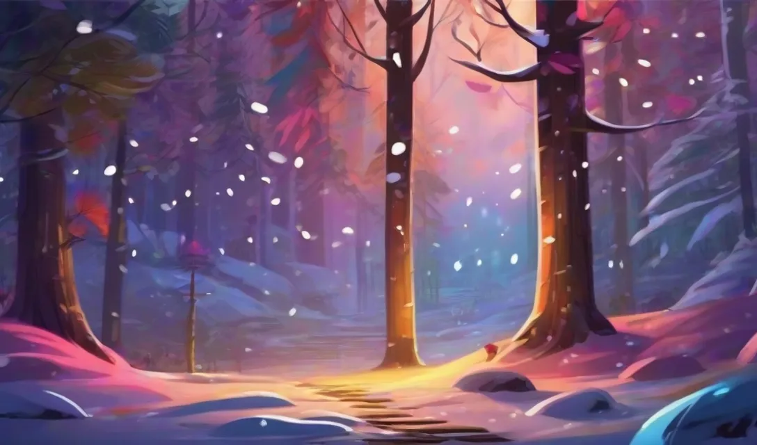 a painting of a path through a snowy forest