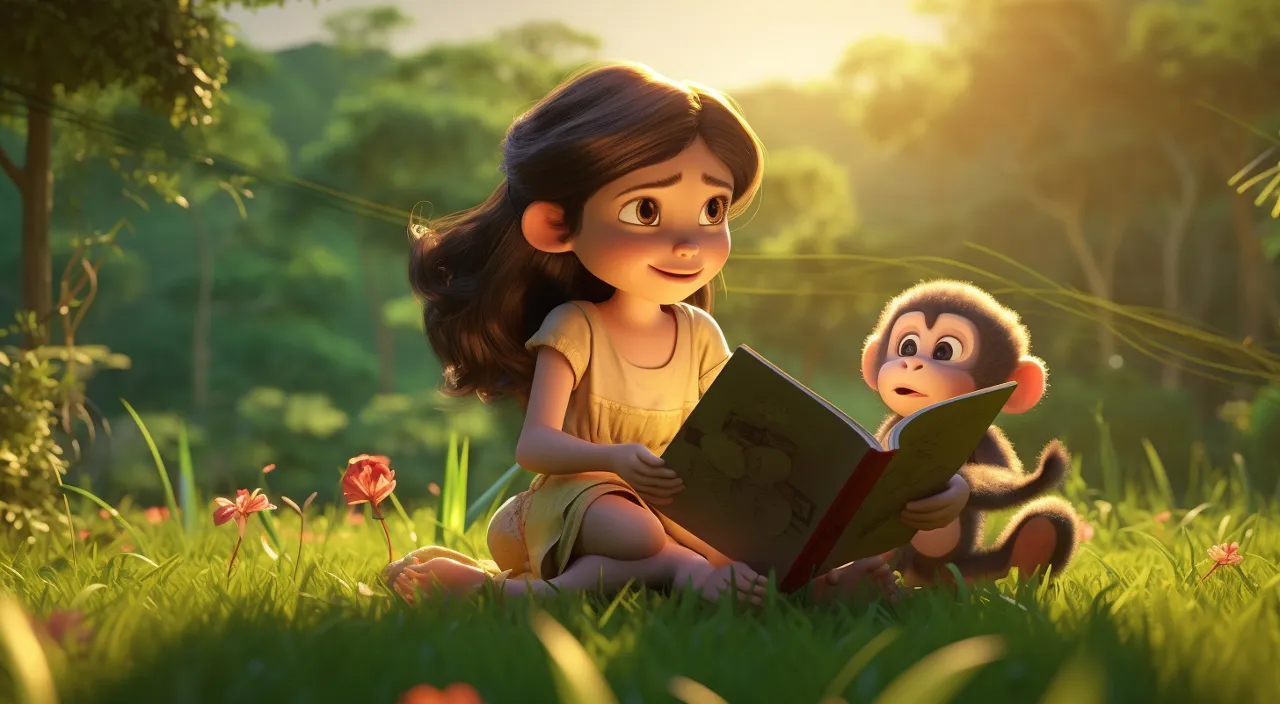 a little girl reading a book to a monkey