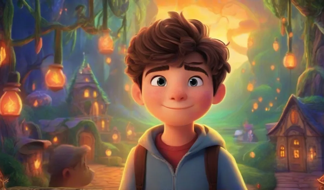 a young boy standing in front of a forest filled with lights