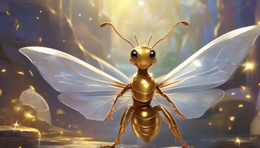 a golden insect with big eyes standing in the middle of a forest