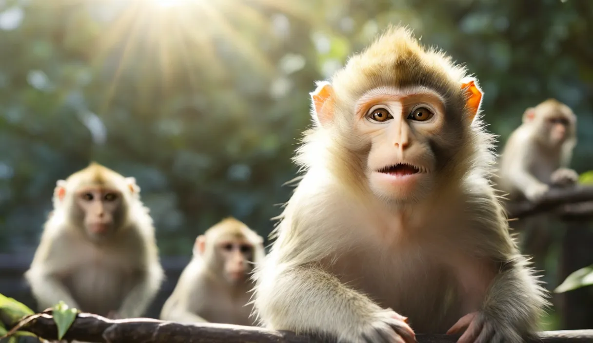 a group of monkeys sitting on top of a tree branch