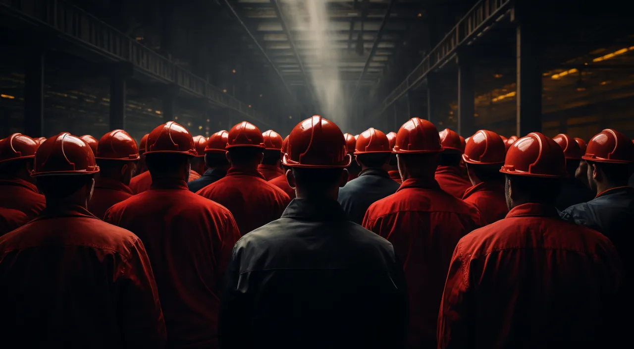 a group of people wearing red fire helmets