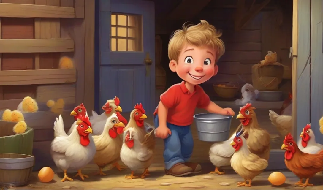 a little boy standing next to a bunch of chickens