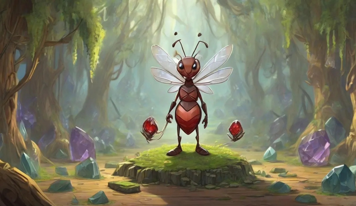 a cartoon insect standing on a rock in the middle of a forest