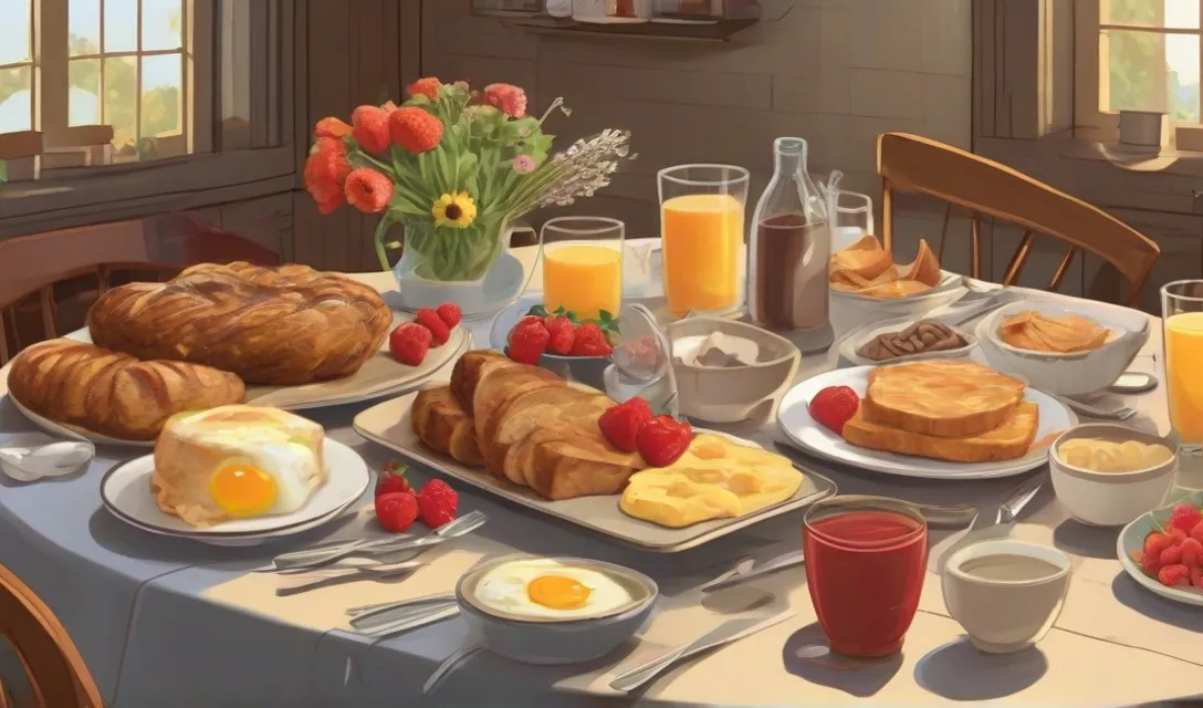 a painting of a table filled with breakfast foods