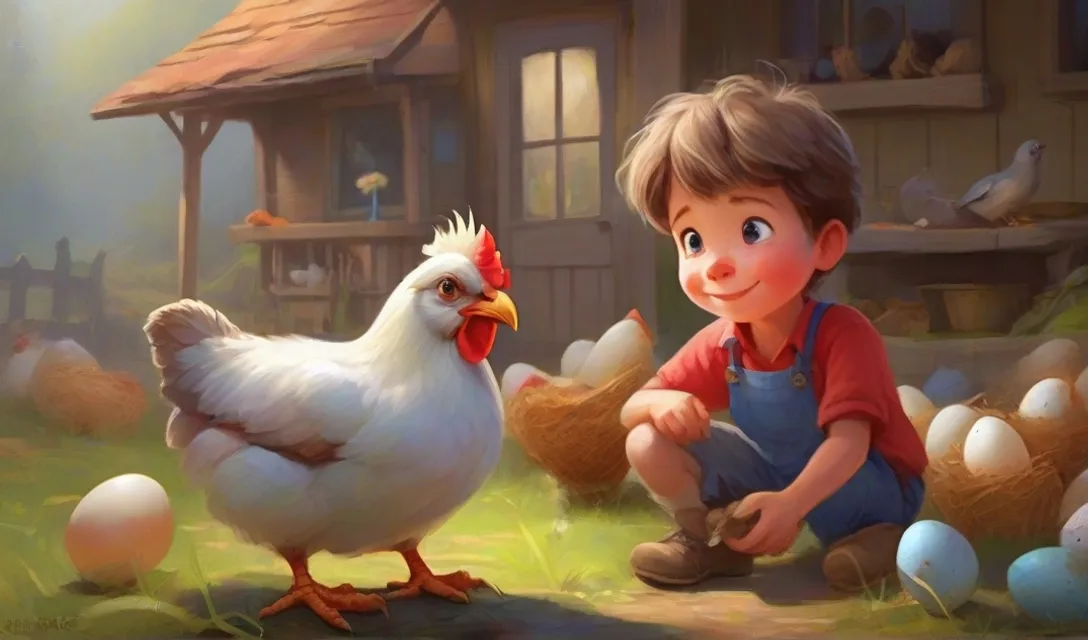 a little boy kneeling down next to a chicken