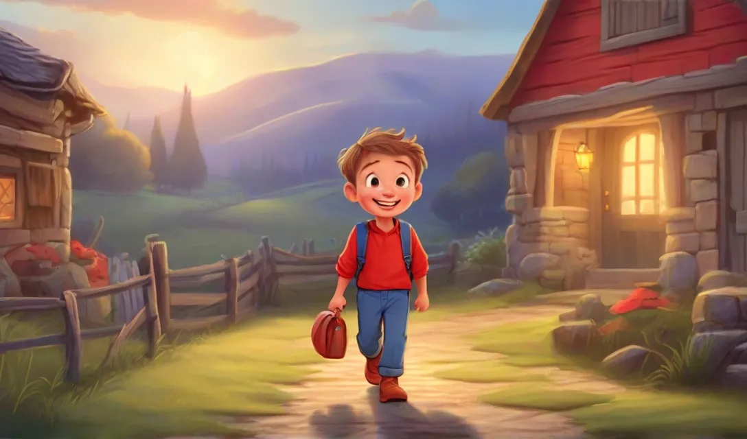 a boy walking down a path towards a house