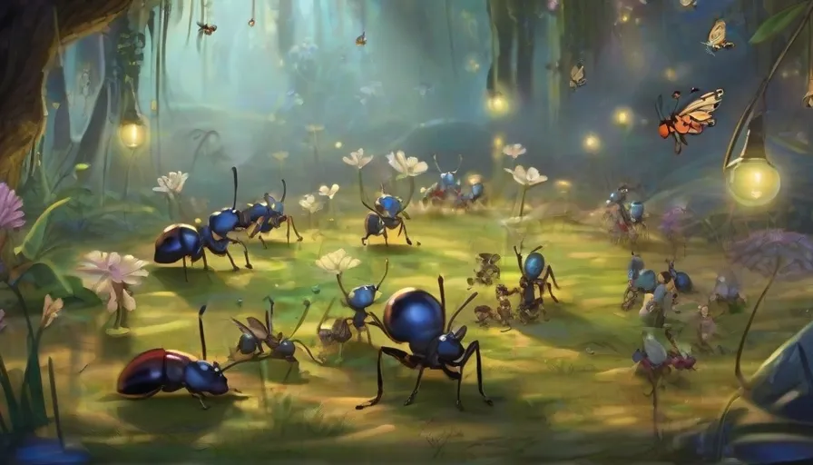 a painting of a group of bugs in a forest