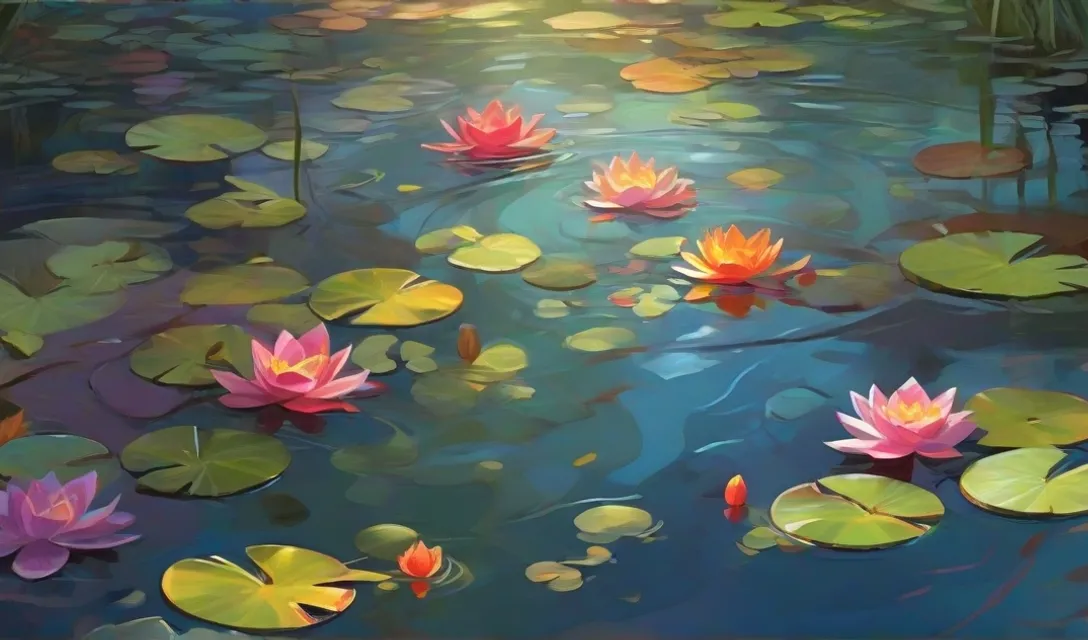 a painting of water lilies in a pond