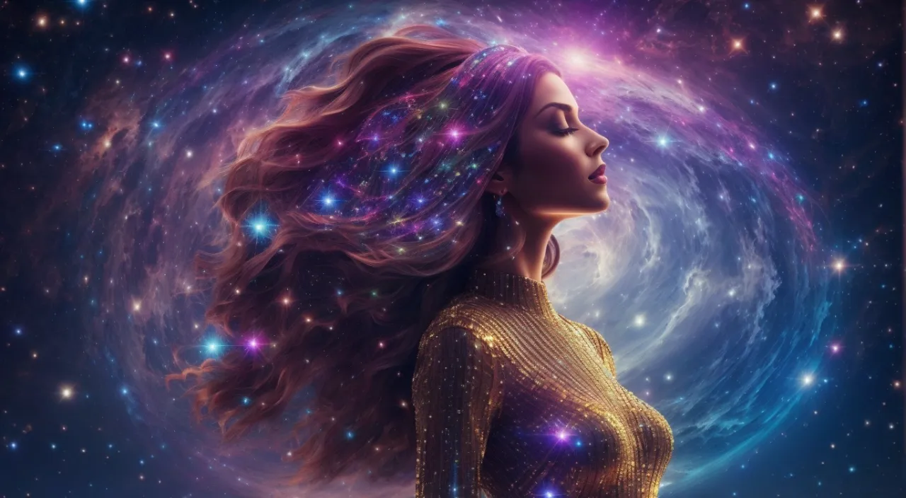 a woman with long hair standing in front of a galaxy background