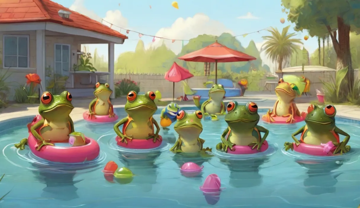 a group of frogs sitting on inflatable floats in a pool