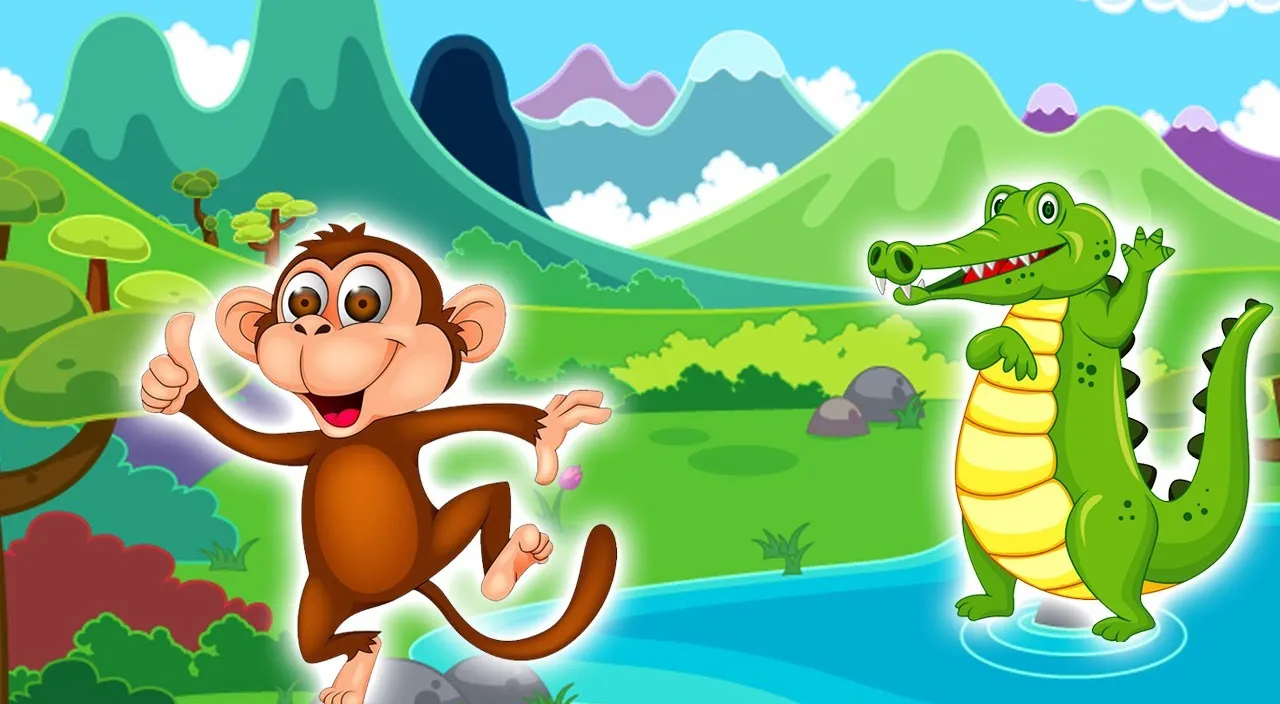 a monkey run to the tree and a rocodile watching him