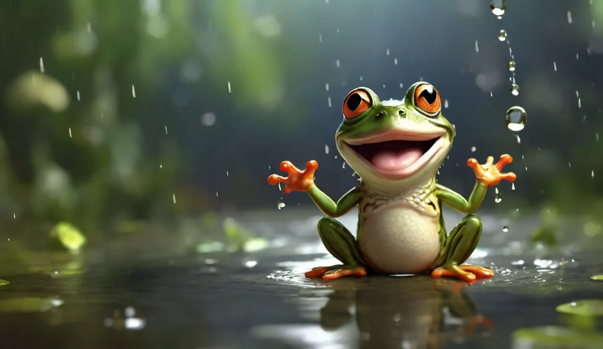 a frog sitting on the ground in the rain