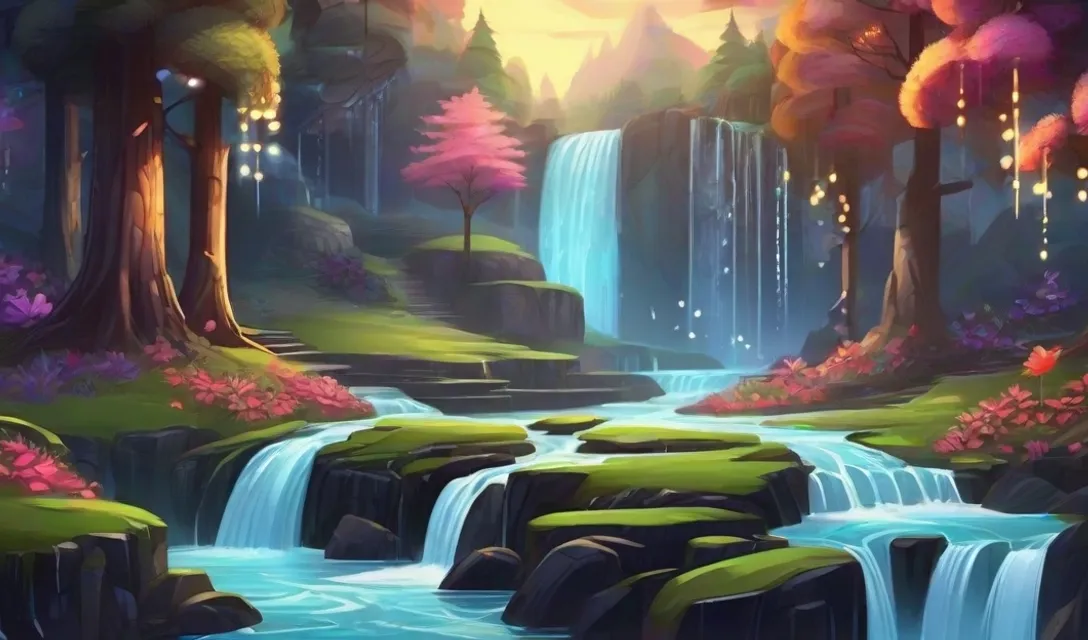 a painting of a waterfall in the middle of a forestq