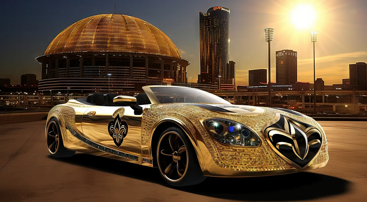 a gold colored sports car in front of a city skyline, tires spinning causing smoke