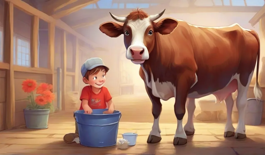 a little boy standing next to a cow in a barn