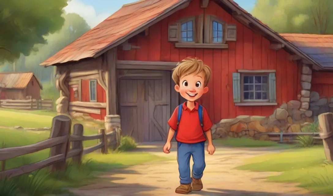 a boy standing in front of a red barn