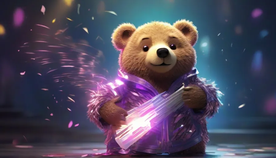 a brown teddy bear holding a purple light