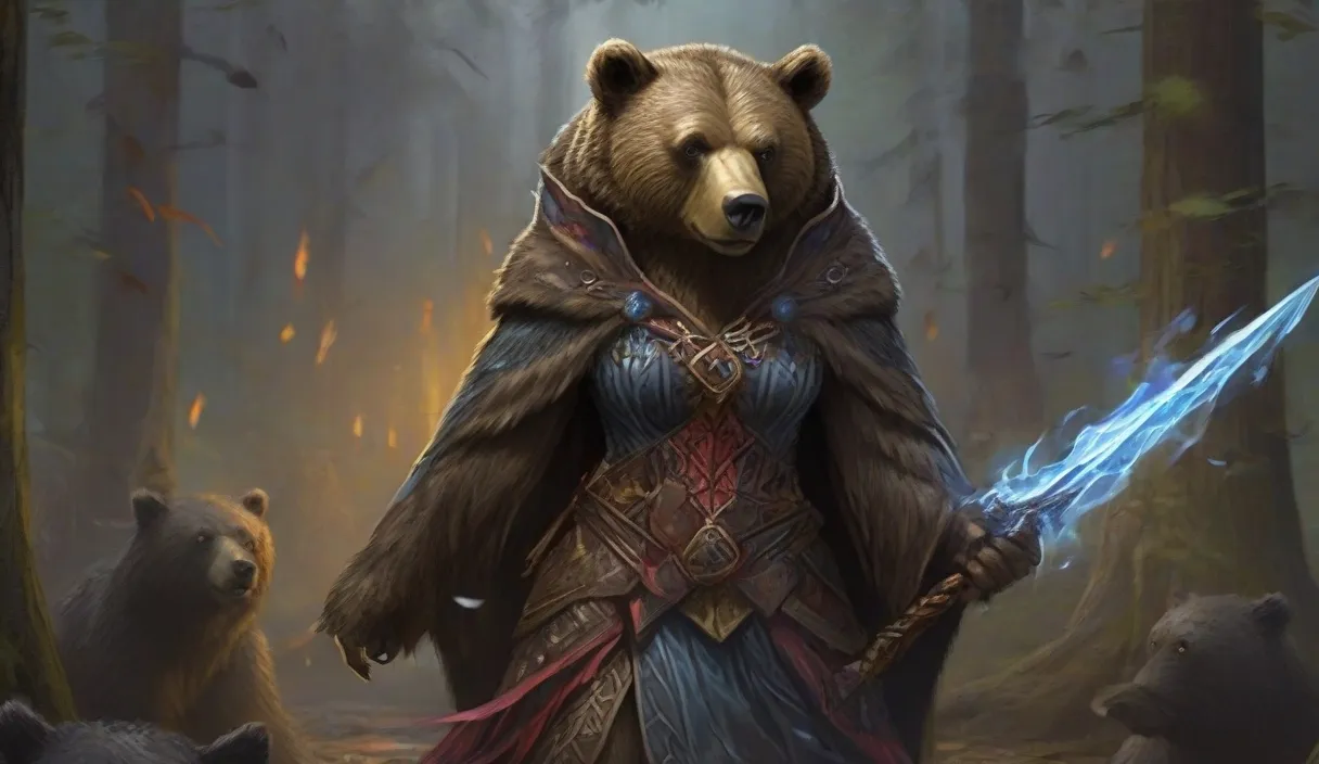 a woman dressed as a bear holding a sword