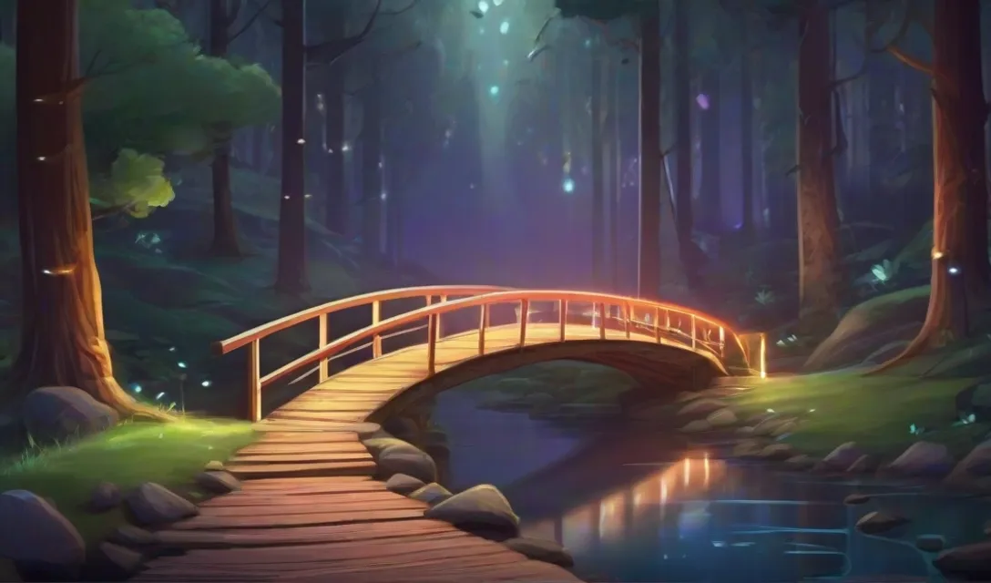 a painting of a bridge over a stream in a forest