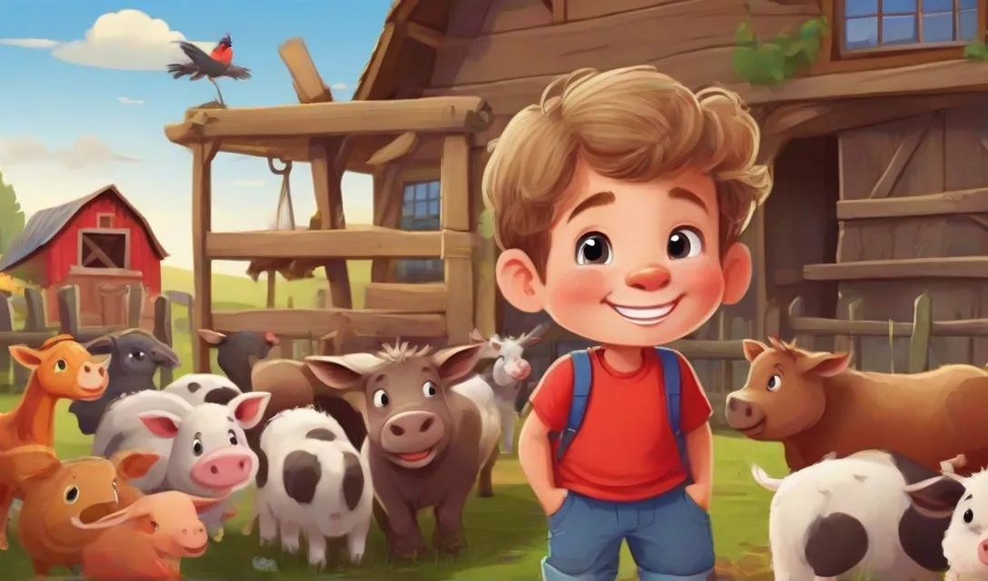 a boy standing in front of a herd of cows