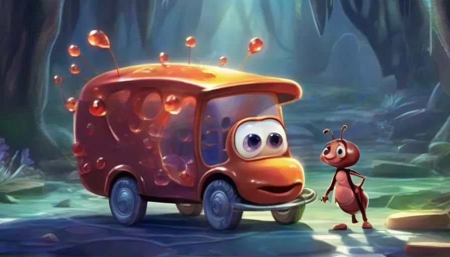 an ant and a car in a cartoon scene