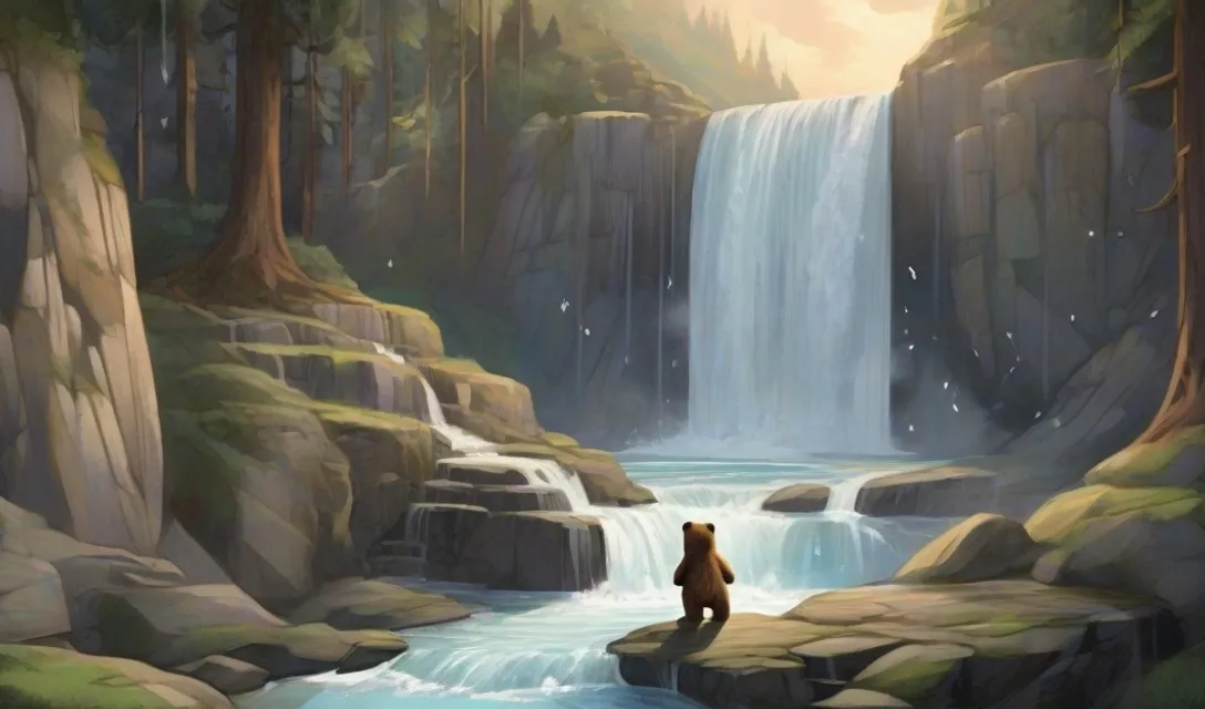 a painting of a bear standing on a rock in front of a waterfall