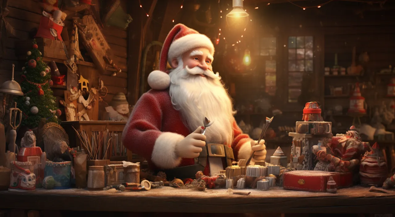 a santa clause standing in front of a table full of presents