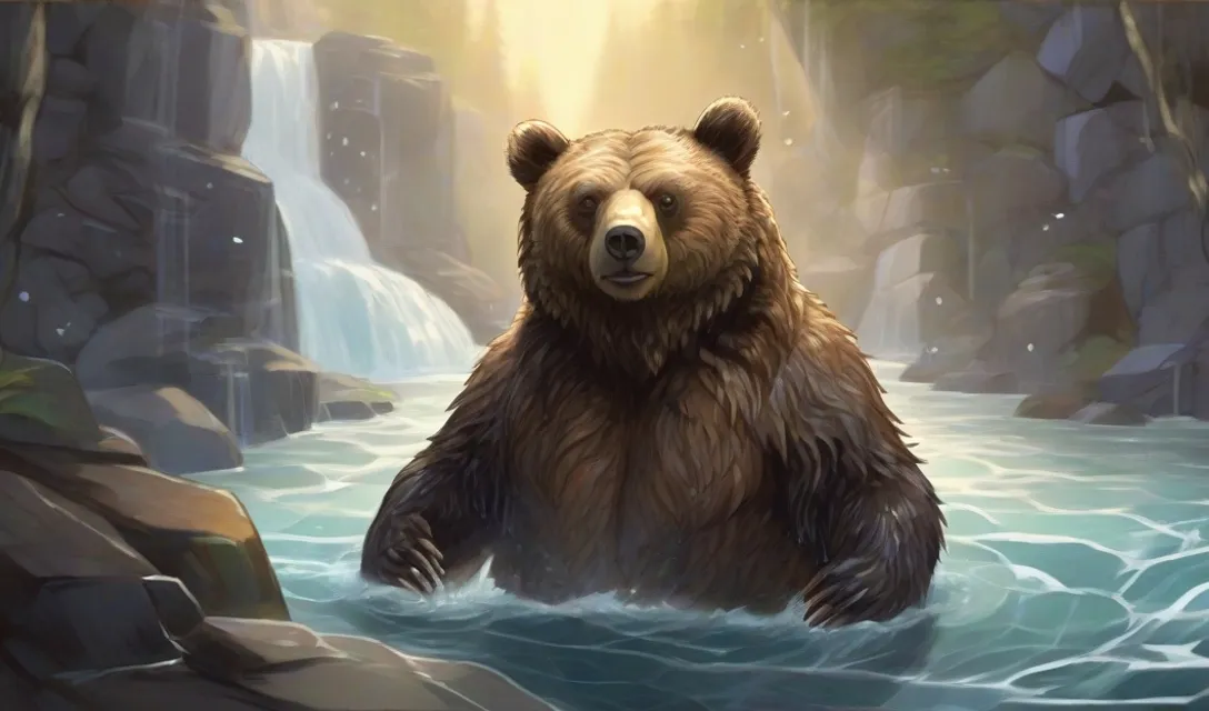 a brown bear standing in a river next to a waterfall