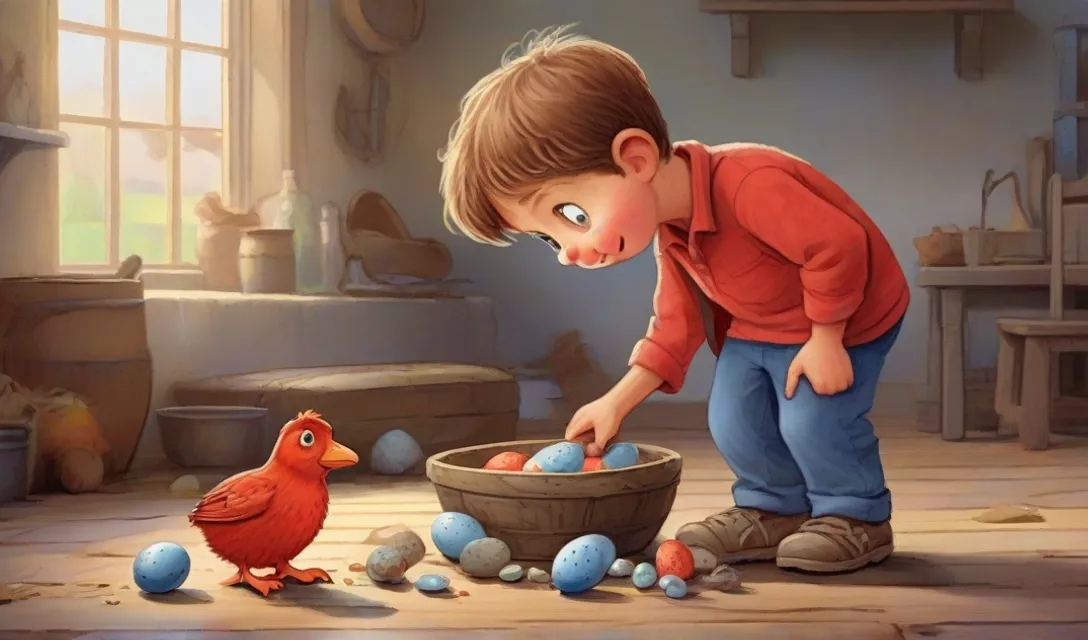 a little boy that is standing in front of a bowl of eggs