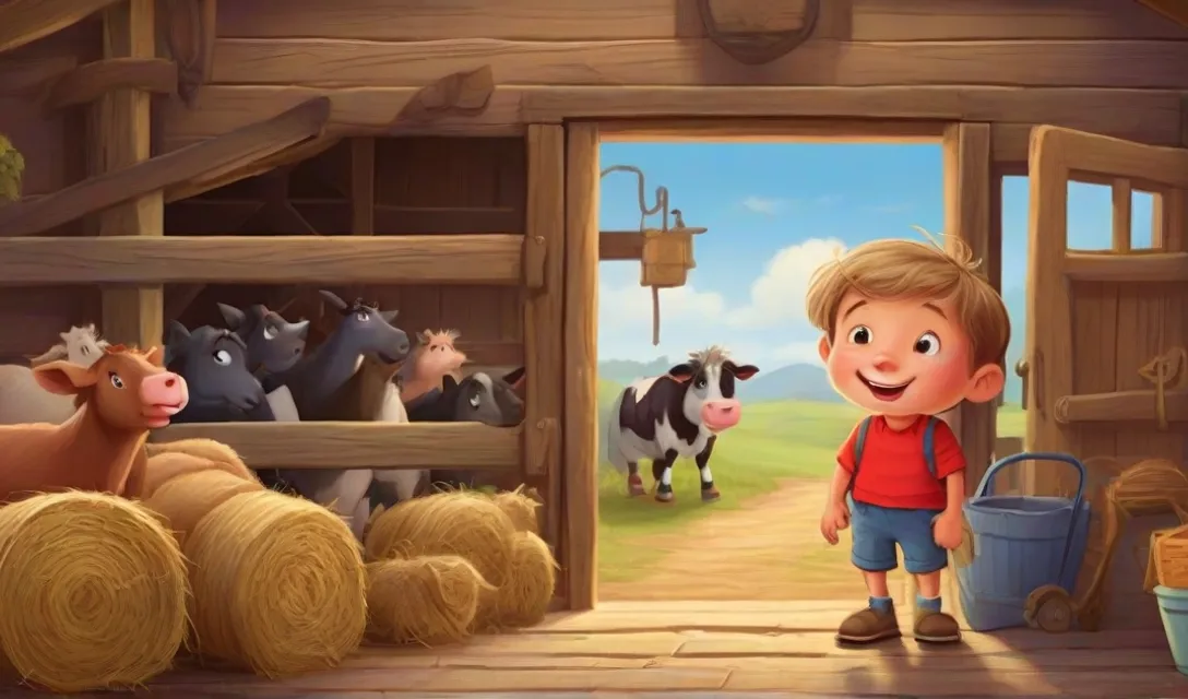 a young boy standing in front of a barn filled with cows