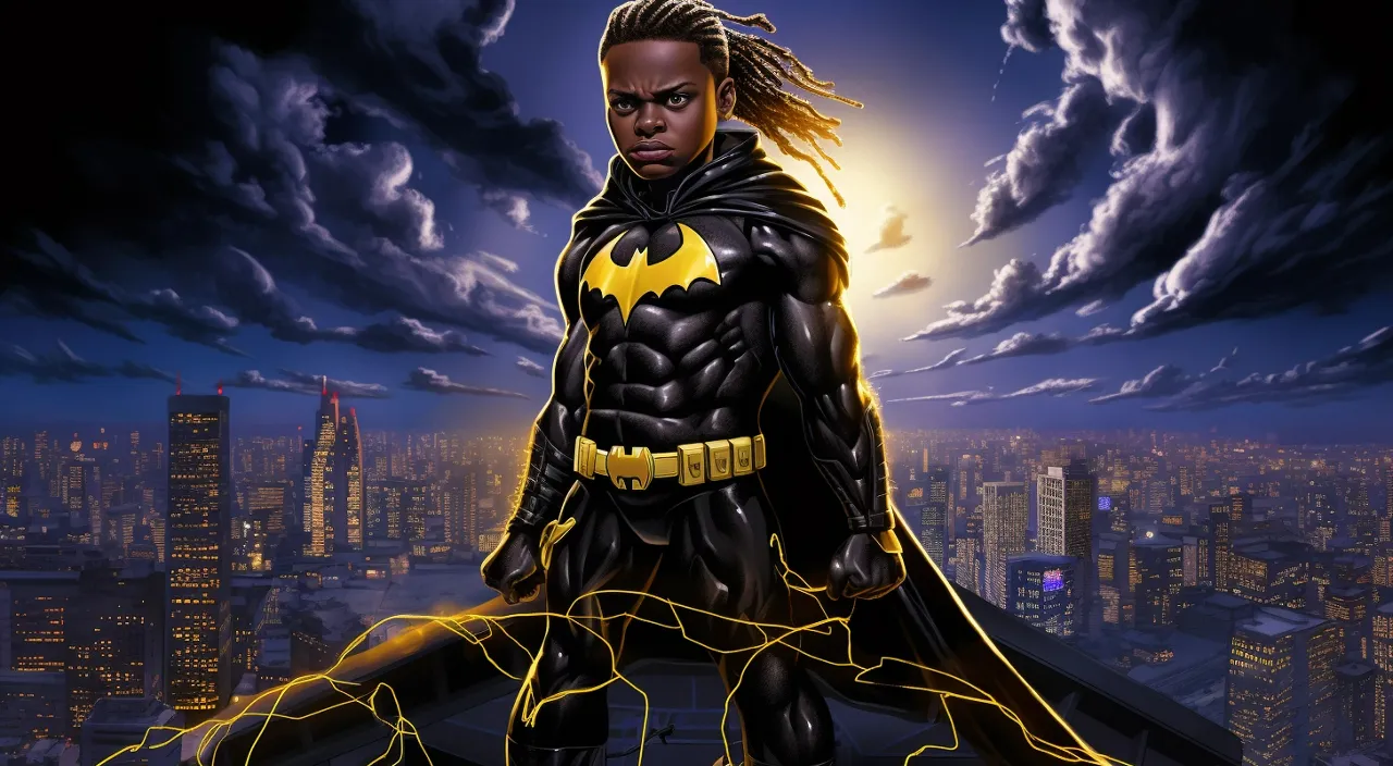 a seven year old black kid, bat boy superhero with stitch braids hairstyle about to jump off the roof of a skyscraper, in the style of mark brooks and Andrew boog faithfull black with yellow batman symbol on his bat suit, heroic, commission for, smilecore, black background, lit-up Gotham city architecture behind him, captivating portraits, 32k 