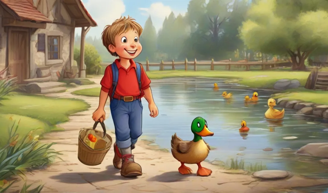 a little boy walking with a duck and a basket