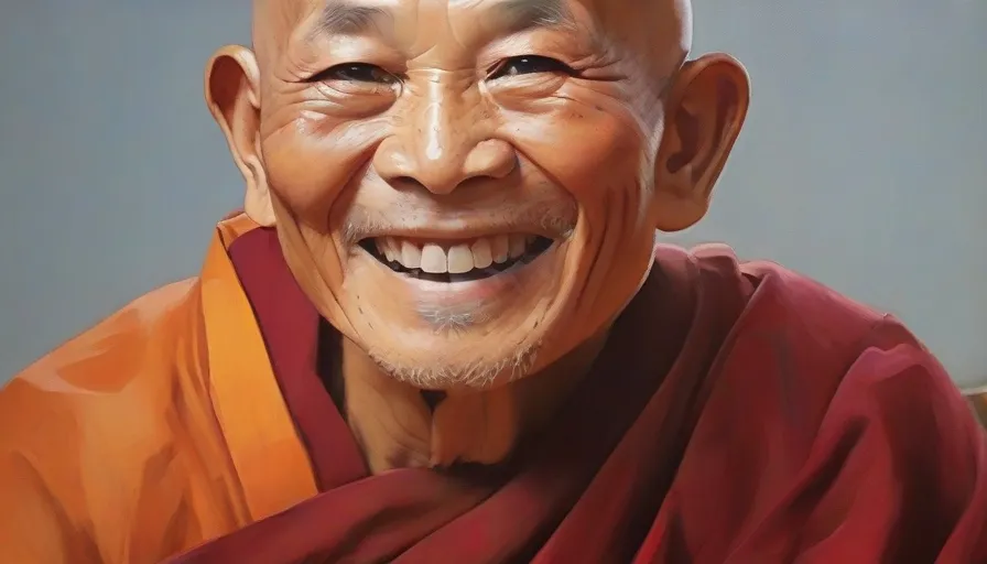 a painting of a smiling monk wearing a red robe