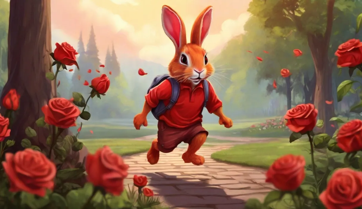 a painting of a rabbit running through a park