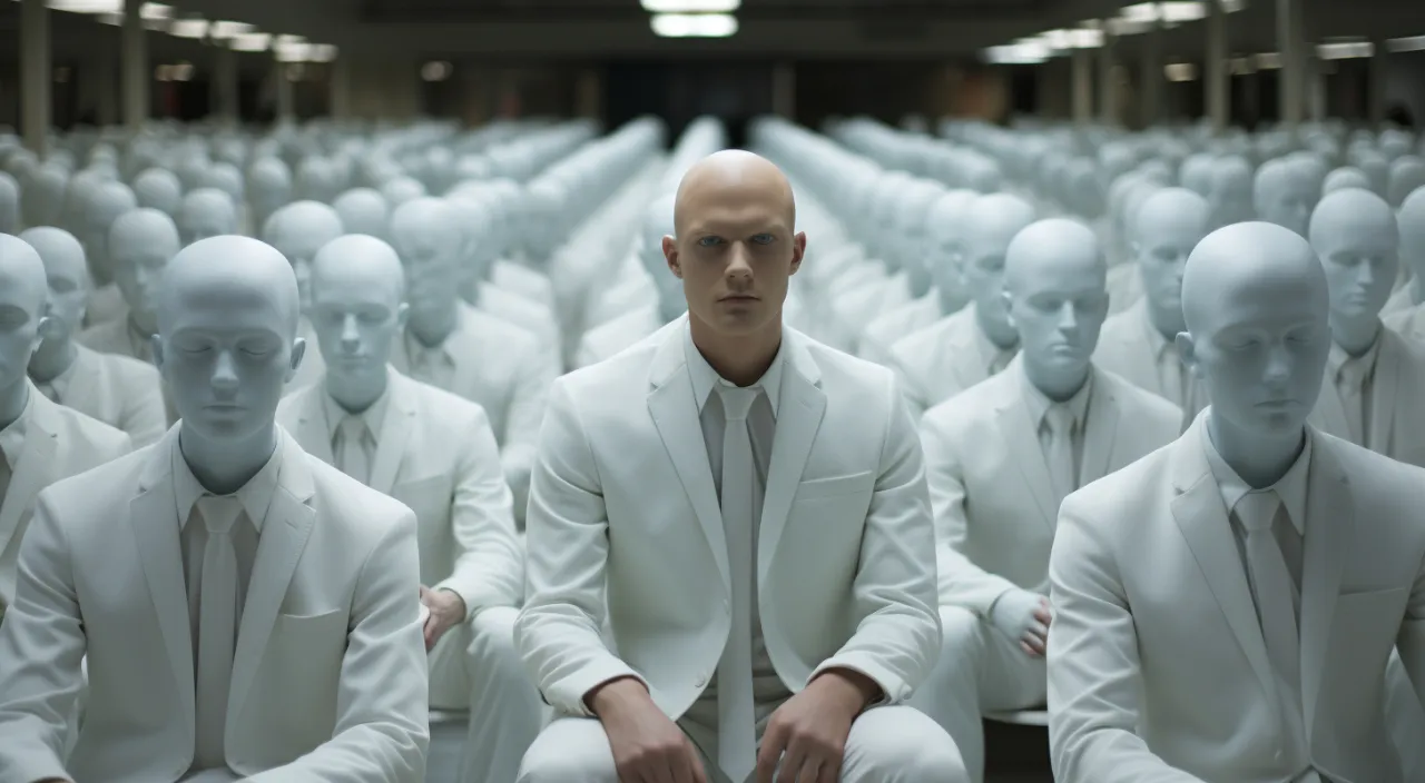 Man sitting in front of a group of white mannequins, seen through a distorted lens