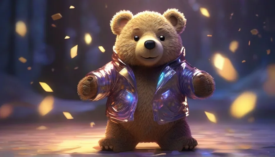 a brown teddy bear wearing a purple jacket