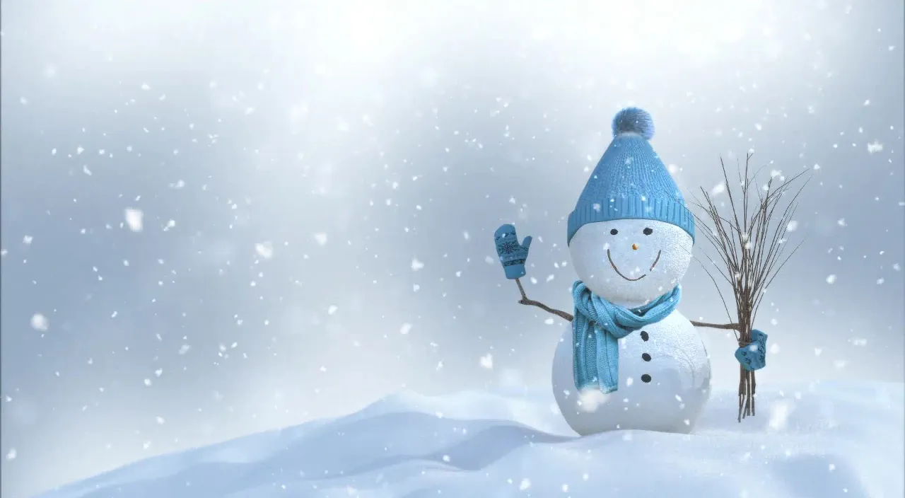 a snowman with a blue hat and scarf holding a stick