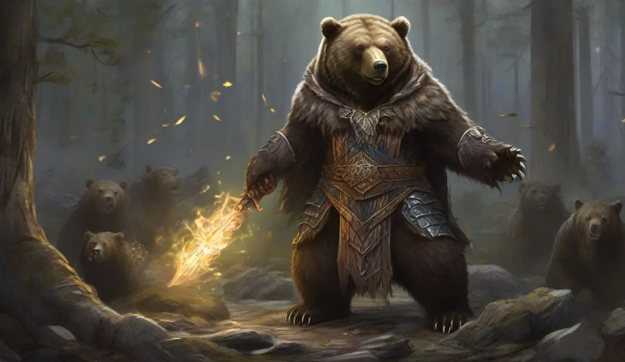 a brown bear standing in a forest next to a fire