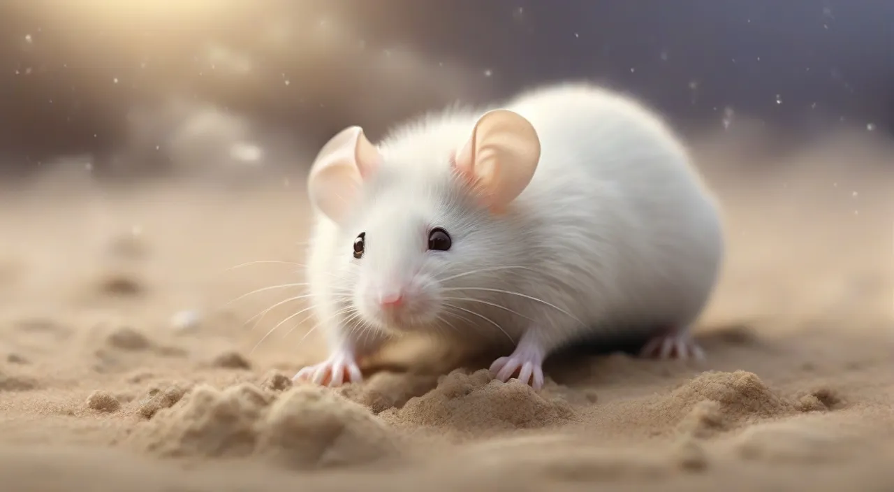 a white rat running on top of a sandy beach