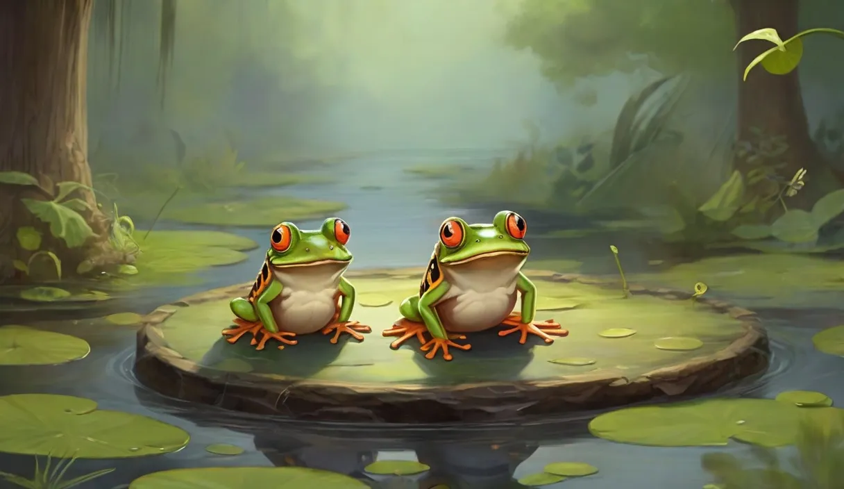 a couple of frogs sitting on top of a lily pad