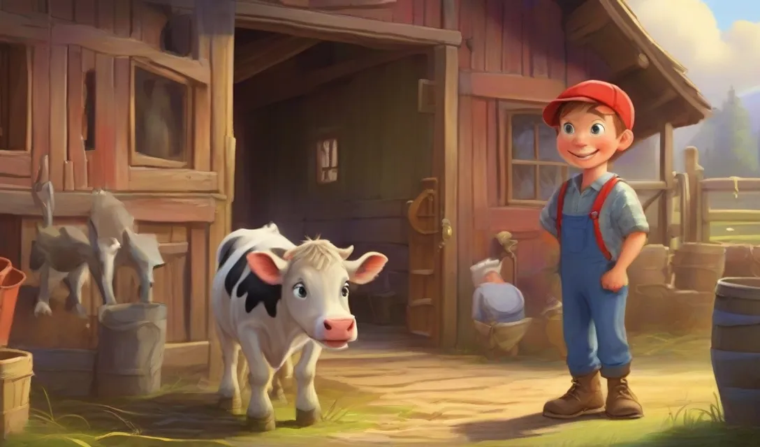 Oliver, a cheerful little boy wearing red shirt and blue pant, enters the barn where Daisy, the gentle cow, awaits. He starts milking Daisy.cartoon