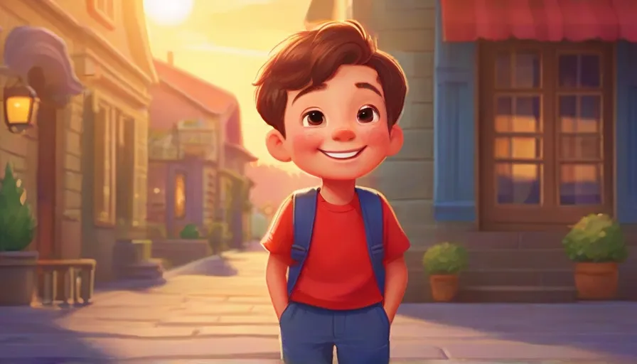 a boy in a red shirt and blue pants standing in front of a building