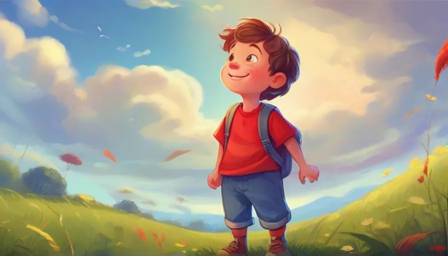 a boy with a backpack standing in a field