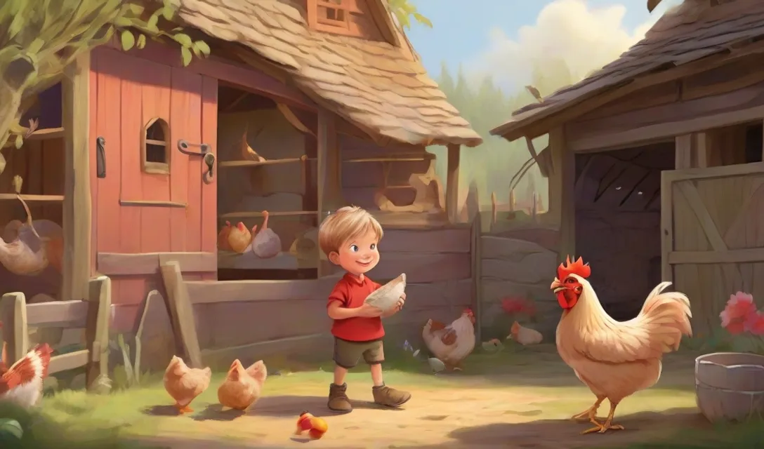 a little boy standing in front of a chicken coop