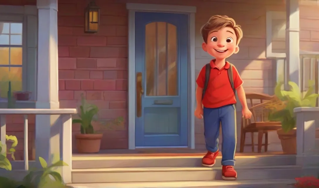 a boy in a red shirt and blue pants is standing outside of a house