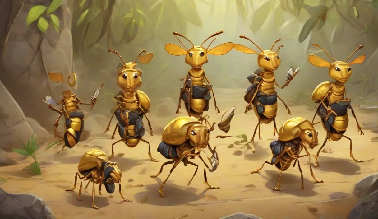 a group of bees standing on top of a sandy ground