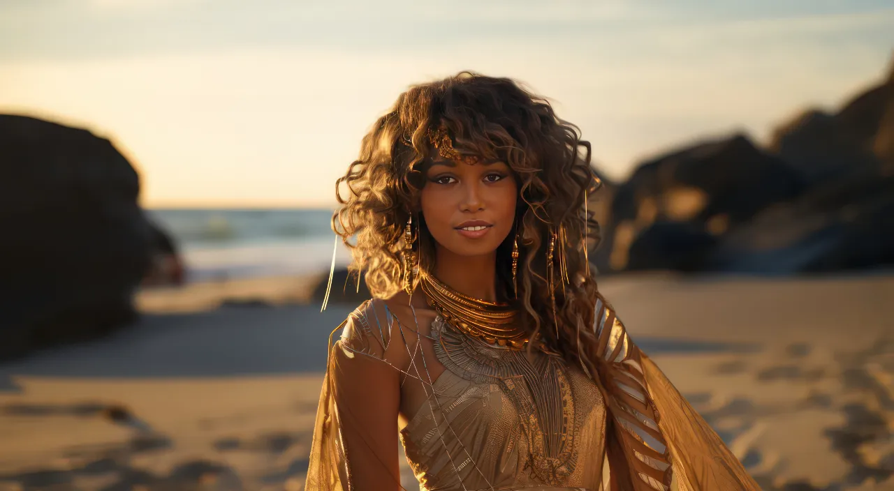 a woman in a gold dress standing on a beach